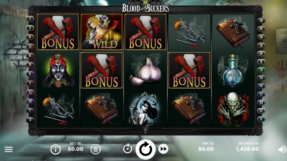 Blood Suckers slot gameplay screenshot — reels with Bonus and Wild symbols